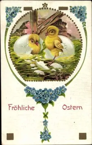 Litho Glückwunsch Ostern, Küken, Vergissmeinnicht