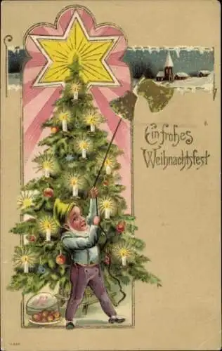 Präge Litho Frohe Weihnachten, Weihnachtsbaum, Zwerg