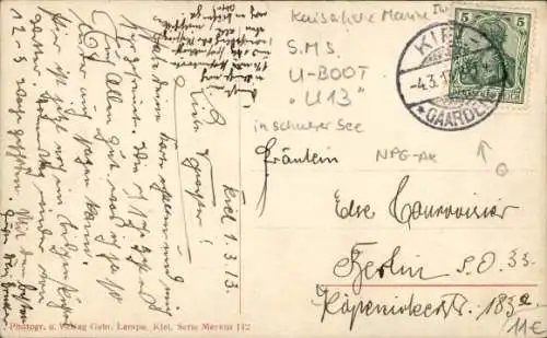 Ak Deutsches U Boot, Unterseeboot, U 13 auf hoher See, Gesunken 11. März 1915, NPG, GLK