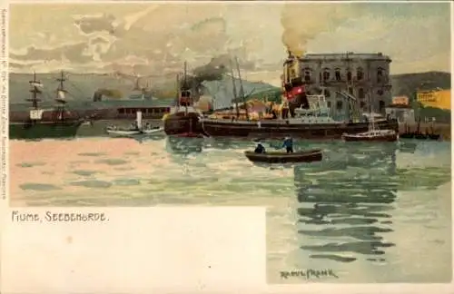 Künstler Ak Raoul Frank, Rijeka Fiume Kroatien, Hafen, Seebheörde, Dampfschiffe