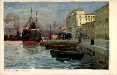 Künstler Ak Raoul Frank, Rijeka Fiume Kroatien, Hafen, Adria-Palais, Dampfschiff