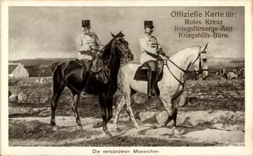 Ak Die verbündeten Monarchen, Kaiser Franz Joseph I., Kaiser Wilhelm II., zu Pferde