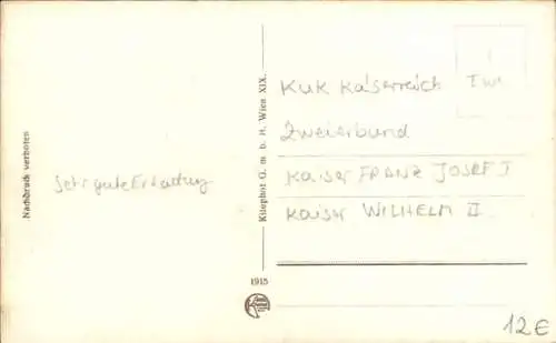 Ak Die verbündeten Monarchen, Kaiser Franz Joseph I., Kaiser Wilhelm II., zu Pferde