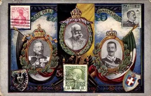 Künstler Ak Kaiser Wilhelm II, Kaiser Franz Joseph I., König Viktor Emanuel III., Verbündete, I. WK