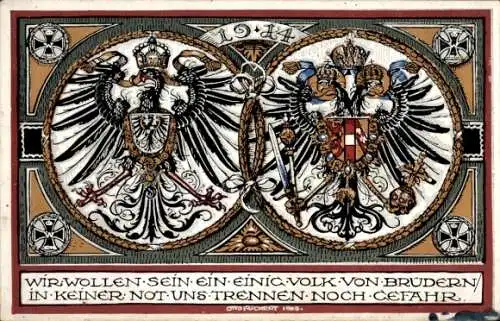 Wappen Ak Wir wollen sein ein einig Volk von Brüdern, Zweibund 1914, Kaiserreich, Österreich