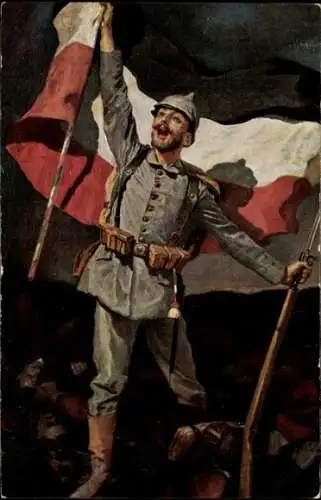 Künstler Ak Schmutzler, Leopold, Der Sieger, Soldat in Uniform mit Fahne