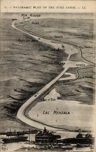 Landkarten Ak Suez Ägypten, Panoramic Plan of the Suez Canal, Mer Rouge, Lac Menzala