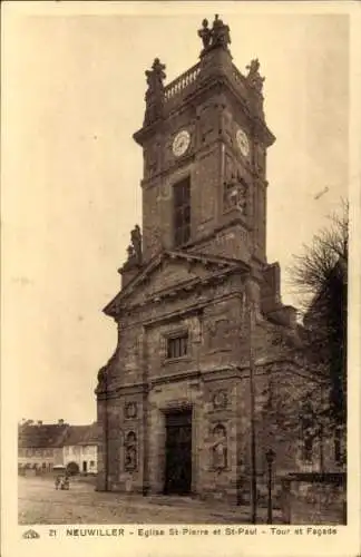 Ak Neuwiller lès Saverne Neuweiler Elsass Bas Rhin, Kirche St Pierre et St Paul, Turm, Turmuhr