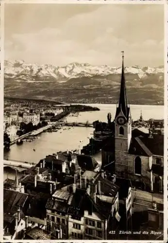 Ak Zürich Stadt Schweiz, Teilansicht mit Alpenpanorama, Kirche