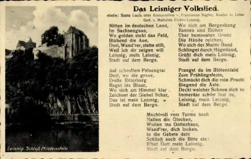 Ak Leisnig in Sachsen, Stadt auf dem Berge, Schloss Mildenstein, Leisniger Volkslied