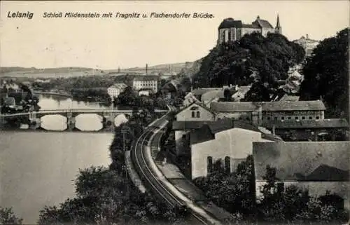 Ak Leisnig in Sachsen, Schloss Mildenstein mit Tragnitz u. Fischendorfer Brücke.