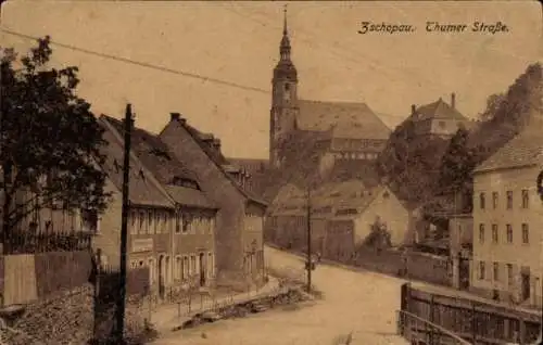 Ak Zschopau im Erzgebirge Sachsen, Straßenszene mit Fachwerkhäusern, Kirche, Burg