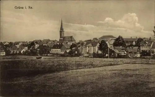 Ak Grüna Chemnitz Sachsen, Mehrere Gebäude, ein Kirchturm, Wiese im Vordergrund