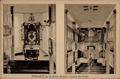 Ak Dittersdorf im Erzgebirge, Innenansicht einer Kirche mit Altar, Kanzel und Orgel.