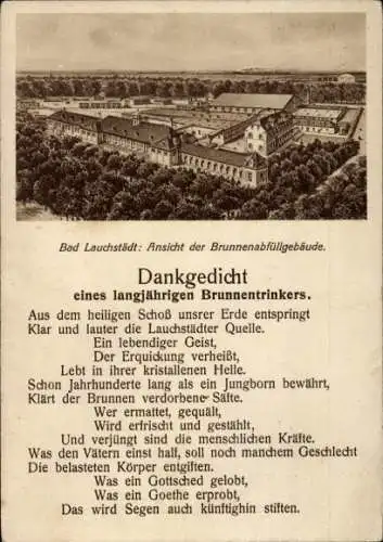 Gedicht Ak Bad Lauchstädt Saalekreis, Ansicht der Brunnenabfüllgebäude, Dankgedicht