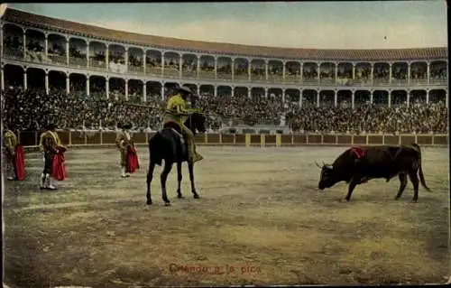 Ak Corrida de Toros, Suerte de vara, Stierkampf, Arena