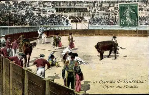 Ak Course de Taureaux, Corrida de toros, Chute du Picador