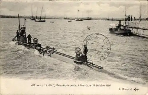 Ak Französisches U Boot, Lutin, Sous Marin perdu à Bizerte, 16 Oct. 1906