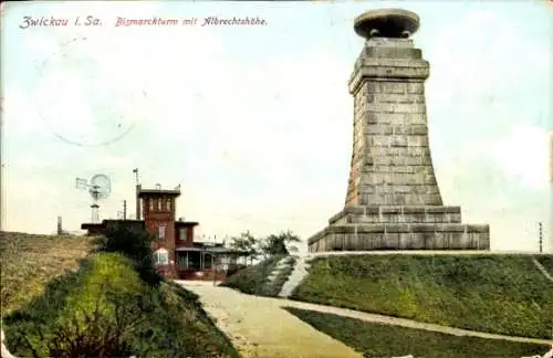 Ak Zwickau in Sachsen, Bismarckturm mit Albrechtshöhe, Windrad