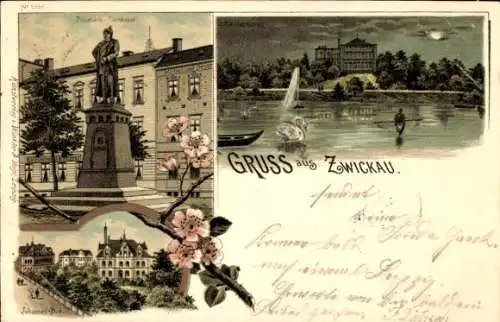 Litho Zwickau in Sachsen, Bismarck Denkmal, Schwanenteich, Johannes Bad