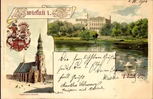 Litho Zwickau in Sachsen, Marienkirche, Schwanenschloss, Wappen