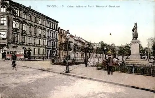 Ak Zwickau in Sachsen, Kaiser Wilhelm Platz, Bismarck Denkmal, Straßenbahn