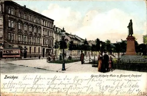 Ak Zwickau in Sachsen, Kaiser Wilhelm Platz, Bismarck Denkmal, Straßenbahn