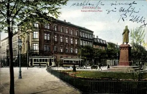 Ak Zwickau in Sachsen, Kaiser Wilhelm Platz, Straßenbahn