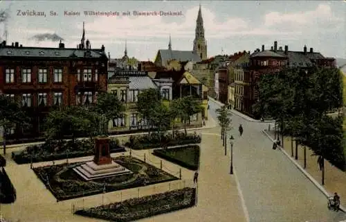 Ak Zwickau in Sachsen, Kaiser Wilhelm Platz mit Bismarck Denkmal