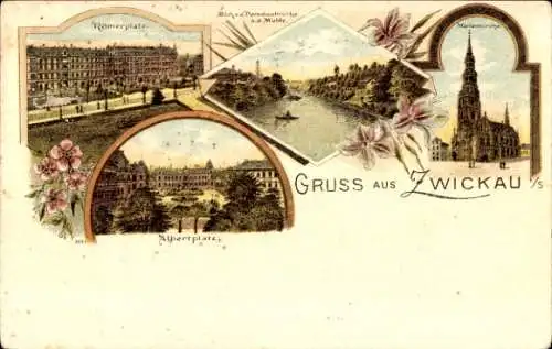 Litho Zwickau in Sachsen, Römerplatz, Albertplatz, Blick v. d. Paradiesbrücke a. d. Mulde