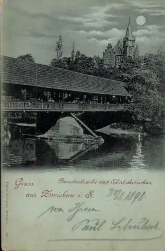 Mondschein Ak Zwickau in Sachsen, Paradiesbrücke und Ebertschlösschen