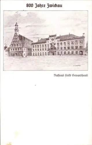 Künstler Ak Mentell, K., Zwickau in Sachsen, Rathaus, Gewandhaus, 800 Jahre Zwickau