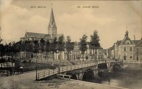 Ak Breda Nordbrabant Niederlande, De Hooge Brug, Kirche, Hafen