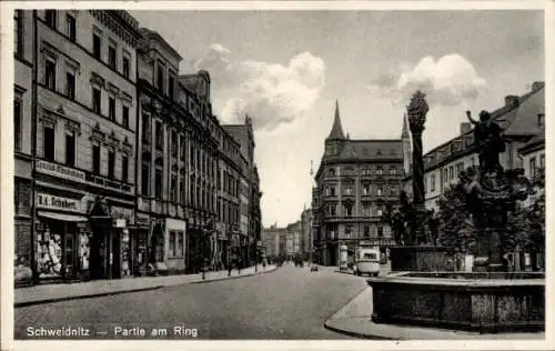 Ak Świdnica Schweidnitz Schlesien, am Ring, Brunnen, Geschäfte