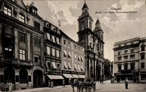 Ak Głogów Glogau Schlesien, Markt, Kath. Gymnasial-Kirche, Geschäfte