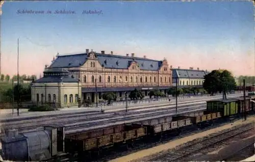 Ak Slotwina Schönbrunn Schlesien, Bahnhof, Gleisansicht, Güterzug