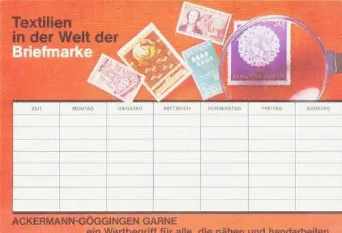 Stundenplan Reklame, Ackermann - Görringen Garne, Schürer Strickgarne, Briefmarken