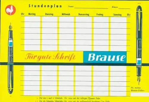 Stundenplan Brause Patronenfüller, für gute Schrift, Weltkarte um1960