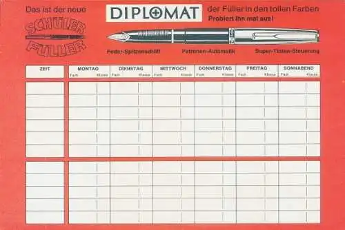 Stundenplan Diplomat Schüler Füller, Charly Brown Comic um 1960