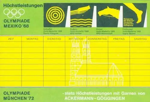 Stundenplan Reklame, Ackermann - Görringen, Garne, Olympia Mexiko `68, Olympia München ´72