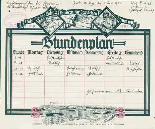 Stundenplan Singer Nähmaschinen Wittenberge bei Potsdam - Firmengelände um 1925