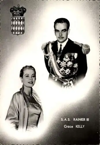 Ak Schauspielerin Grace Kelly und Fürs von Monaco Rainier III, Wappen