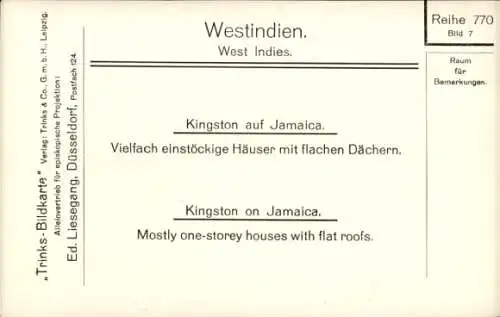Ak Kingston Jamaika, einstöckige Häuser mit flachen Dächern