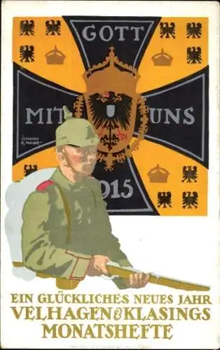 Neujahrs Ak Gott mit Uns, kaiserlicher Soldat, Velhagen und Klasings Monatshefte, Werbung