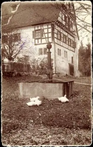 Foto Ak Waldhausen Lorch im Remstal, Fachwerkhaus, Brunnen, Enten