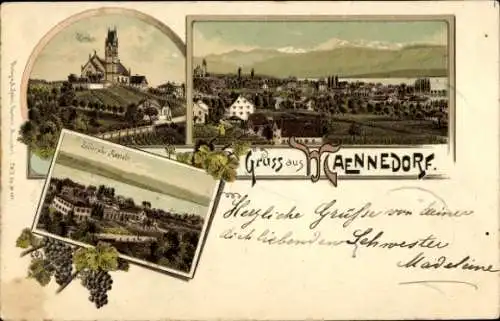 Litho Männedorf Kanton Zürich Schweiz, Panorama, Kirche