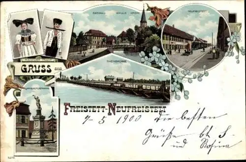 Litho Neufreistett Freistett Rheinau in Baden, Rathaus, Schule, Kirche, Rheinbrücke, Hanauer Tracht