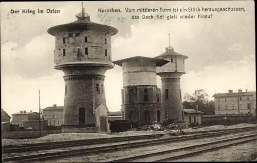 Ak Korsze Korschen Ostpreußen, Bahnhof, Wassertürme, Kriegszerstörung I. WK