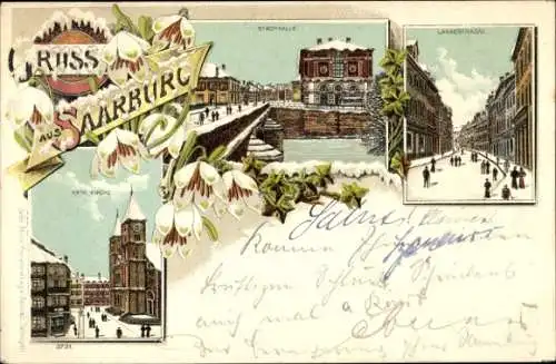 Litho Sarrebourg Saarburg Lothringen Moselle, Stadthalle, Kirche, Langestraße