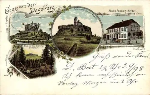 Litho Dagsburg Dabo Lothringen Moselle, Dagsburg, Schießstein mit Kapelle, Hotel und Pension Reibel